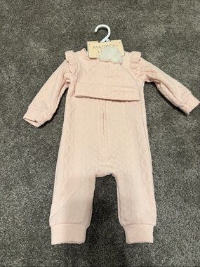 Madison Light Pink Cable-Knit Baby One-Piece with Pom Hat